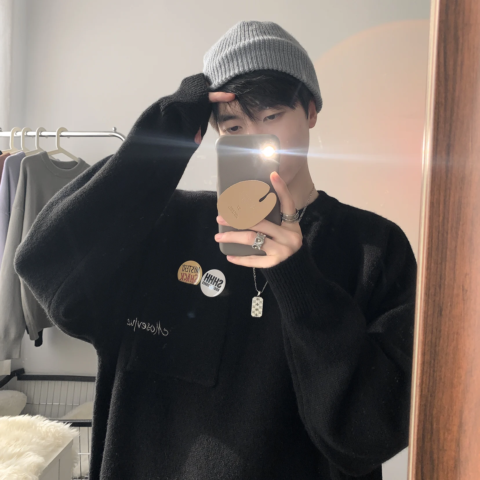 

Модный мужской свитер с круглым вырезом, свободного кроя, зимний, повседневный, с длинными рукавами, утепленный, в американском ретро-стиле, свободный топ