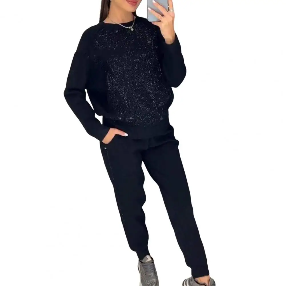 

2 Pcs/Set Women Outfit Top Pants Suit Rhinestone Decor Patchwork Sport Sweatshirt Fitness Outfit Fall Spring Pants Tracksuit