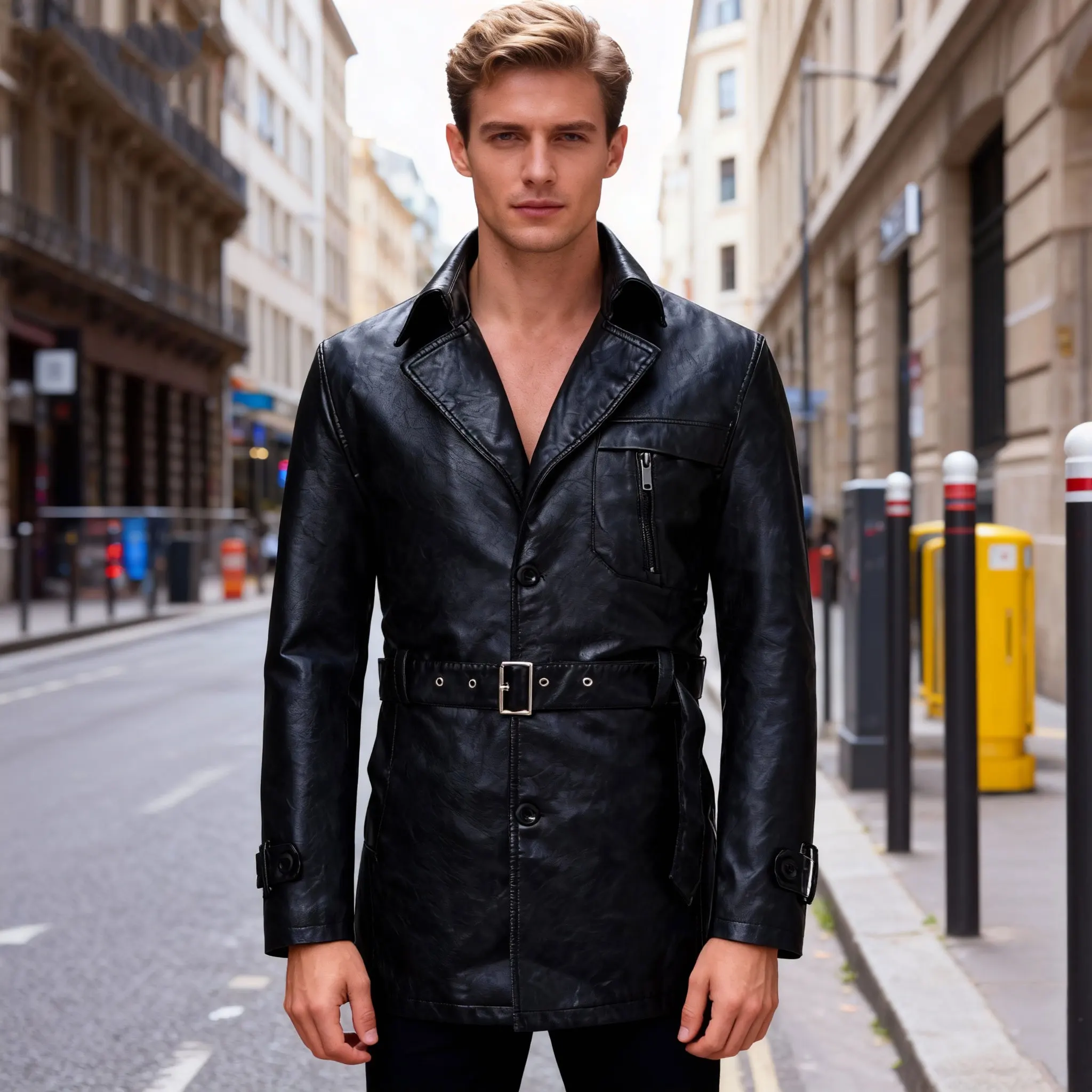 

Unisex Leather jackets Men's Assassin Black Leather Trench Long Coat Windproof