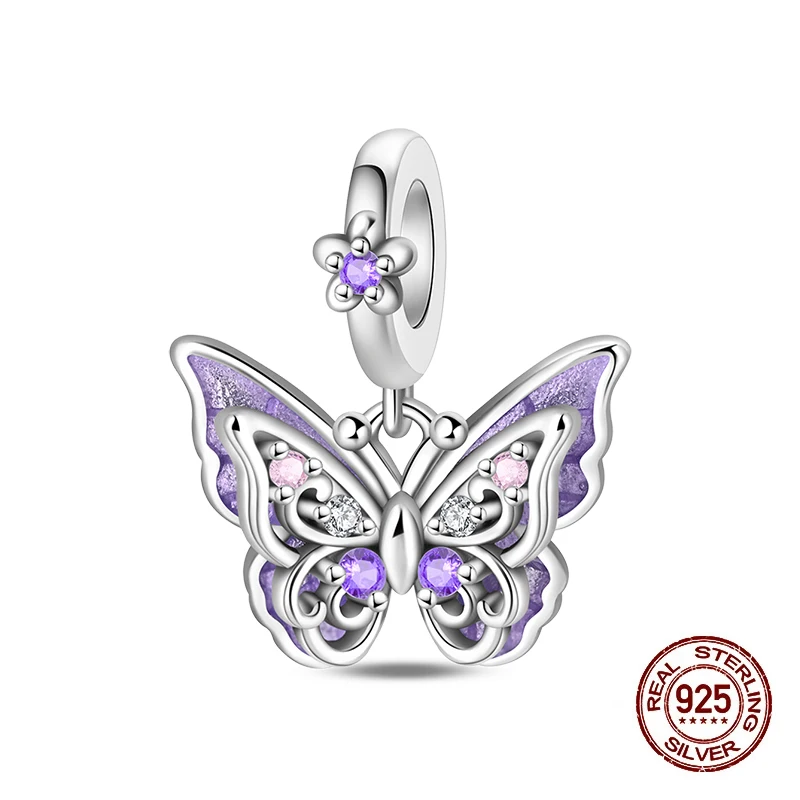 Fit Original 925 Sterling Silver Charms Beads Purple Dreamy Mystery Butterfly Charms Pendant for Women Fine DIY Birthday Jewelry