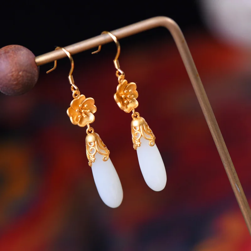 

Женские длинные нефритовые серьги Hetian с цветком магнолии