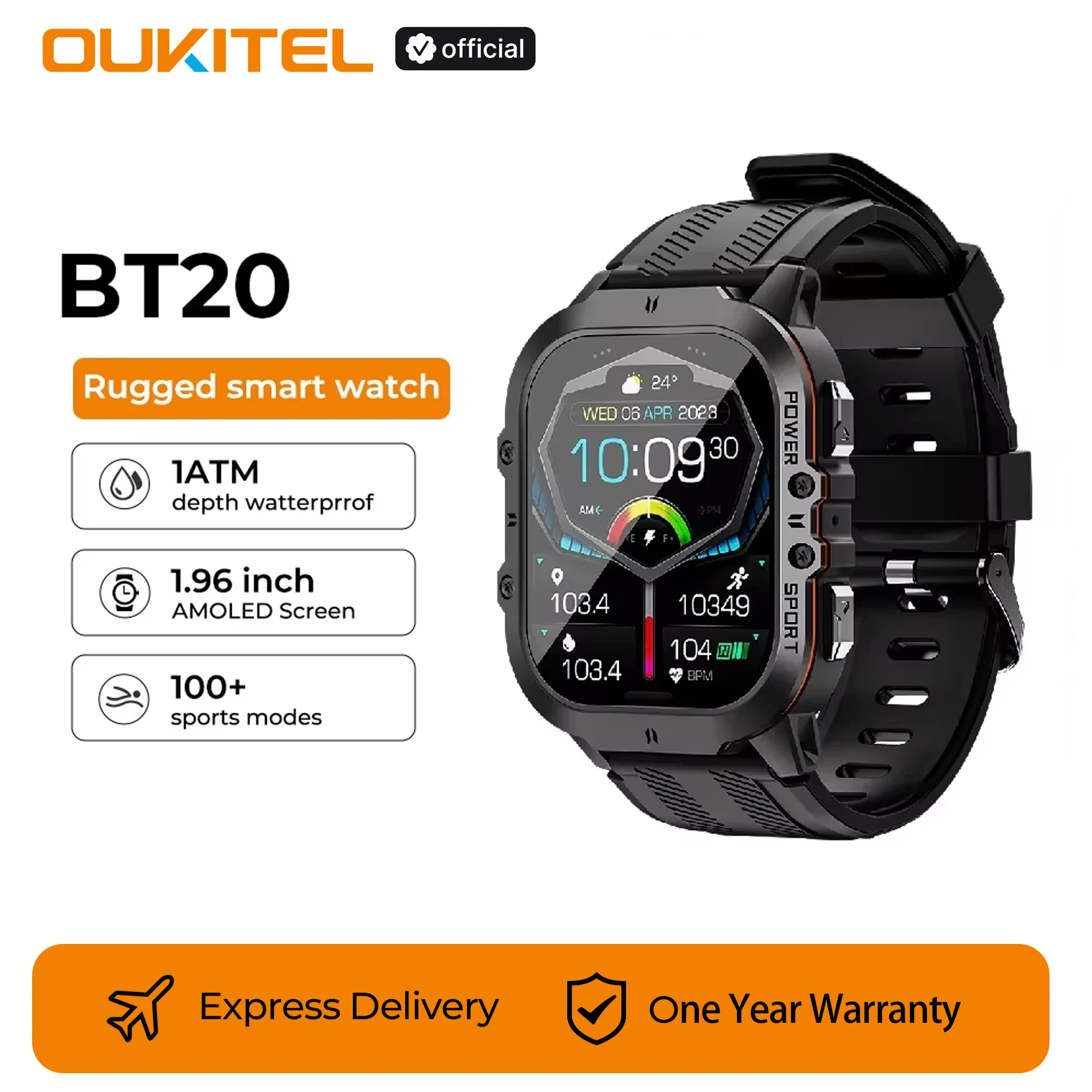 

Oukitel BT20 Rugged Smartwatch Sport Smart Watch For Men 350mAh BT 5.2 1.96 Inch AMOLED Display Men's Smartwatch