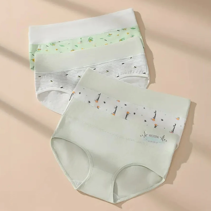 Neue 4-teilige Damen-Slips mit Hoher Taille, Bedruckte Mädchen-Unterhosen, Schlanke Weiche Unterwäsche, Atmungsaktive Baumwolle, Sexy Höschen, Damen-Lingerie