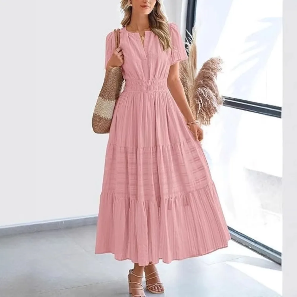 Women European Style Spring Summer V Neck Ruched Tiered Maxi Dress Short Puff Sleeve Elegant Casual Ladies Flowy Dress