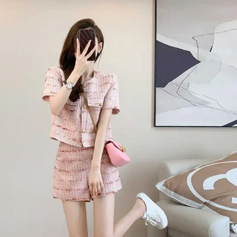 Women's Summer 2 Piece Set Tweed Coat+Shorts Set 2026 Small Fragrant Fashion Set