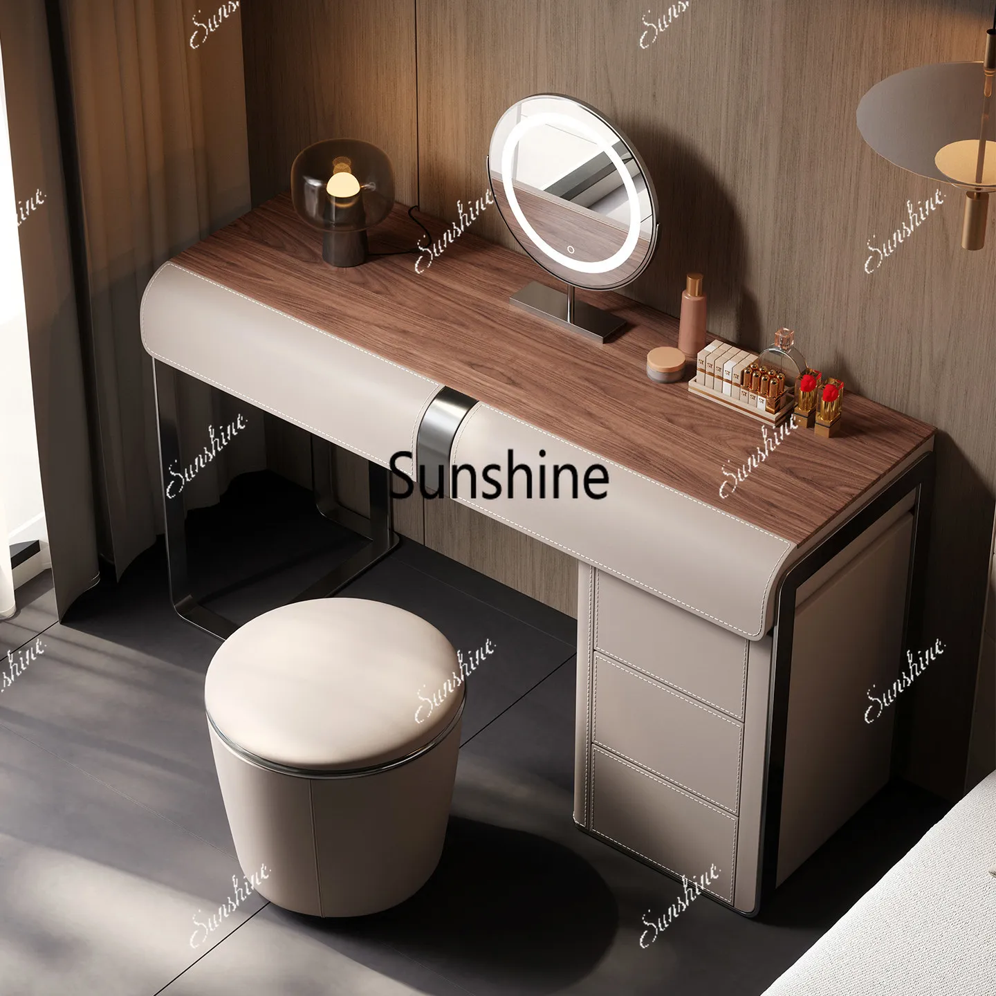 Italian minimalist saddle leather dresser with auxiliary cabinet