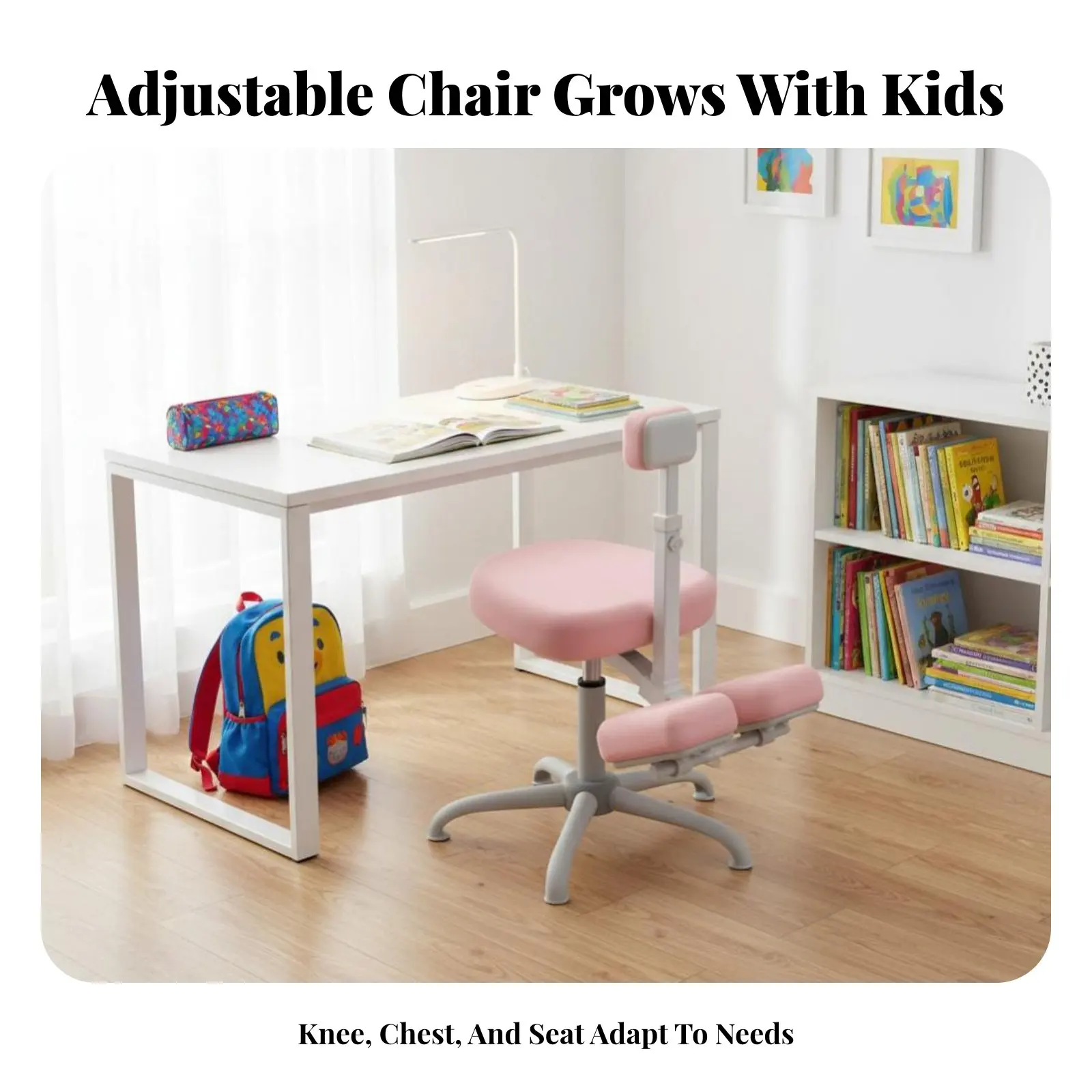 

Регулируемое кресло для работы на коленях с устойчивой пятилучевой базой, регулируемой опорой для груди, защитой от опрокидывания и блокируемыми колесиками