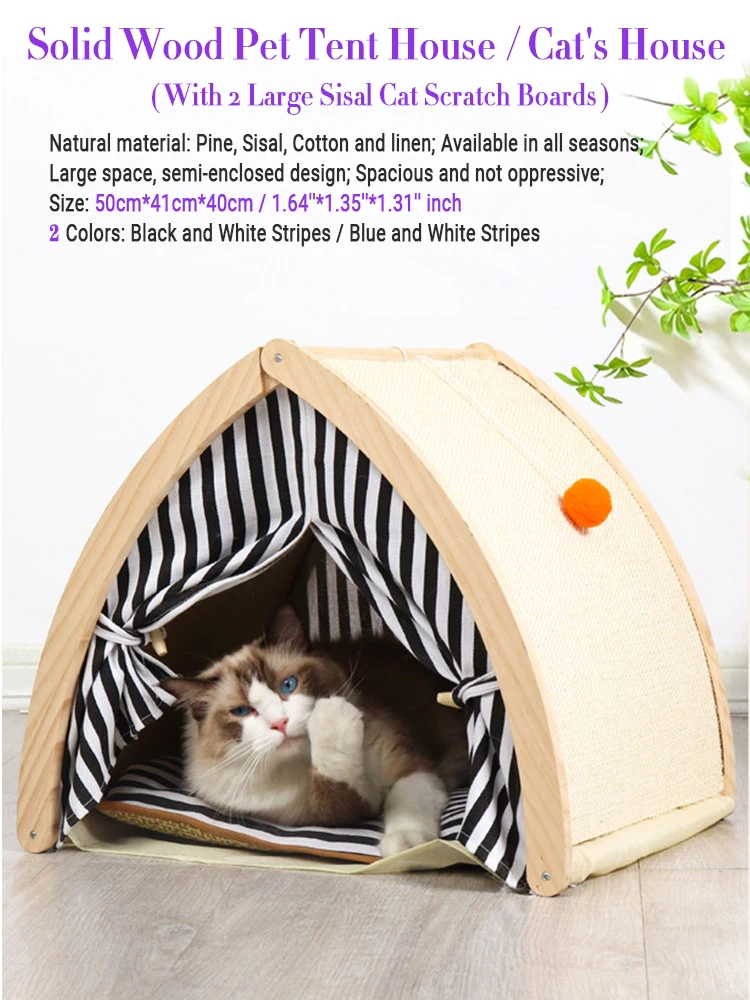 

Solid wood Pet Cats tent house indoor big hiding house habitats sisal scratcher for kitten puppy small dogs Bed delivery room