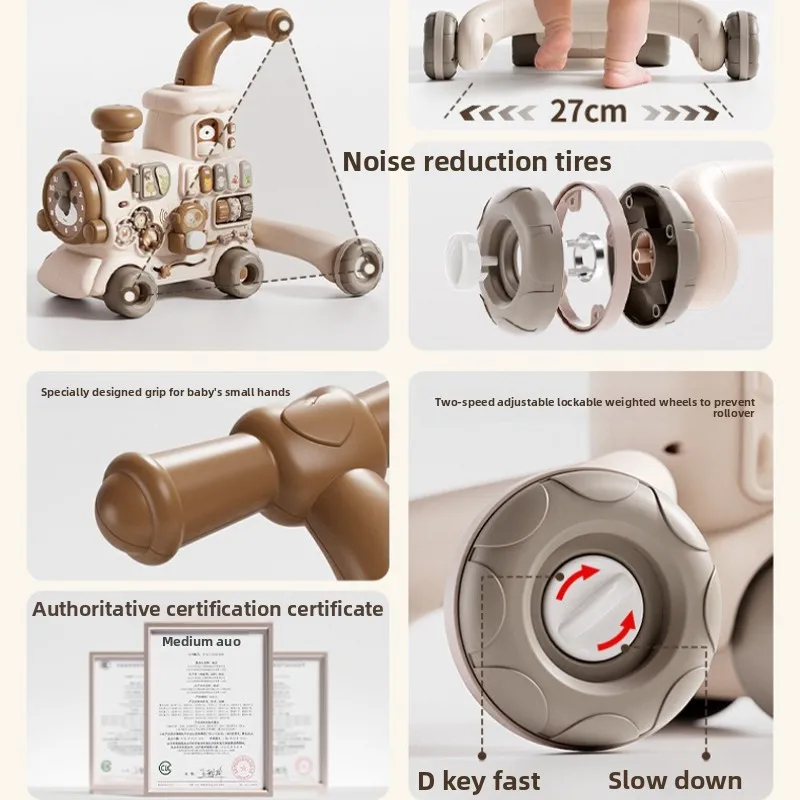 Baby Walker 5-in-1, Mobil Mainan Dorong Multi-Fungsi, Walker Anti-Tip dengan Semprotan, Kecepatan Dapat Disesuaikan, Roda Senyap, Musik Interaktif