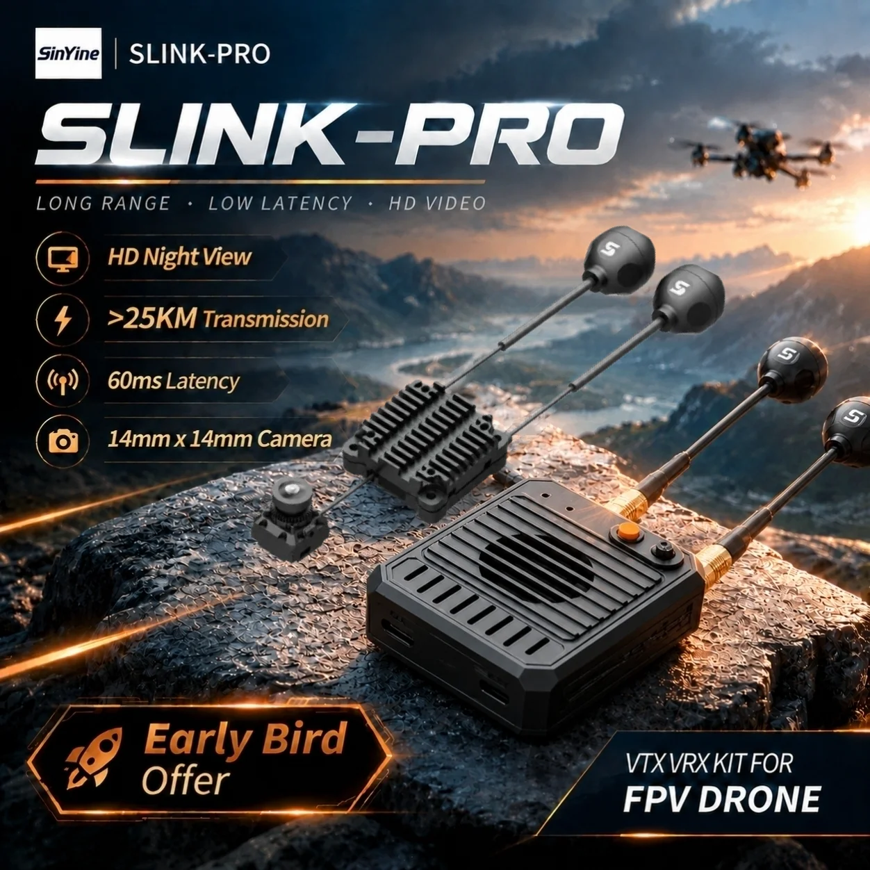 SinYine FPV Night View HD 1080P60FPS Drone Digital Vision Image Transmission For RC AR Glass UAV Robot VTX VRX Dural Kit-PRO