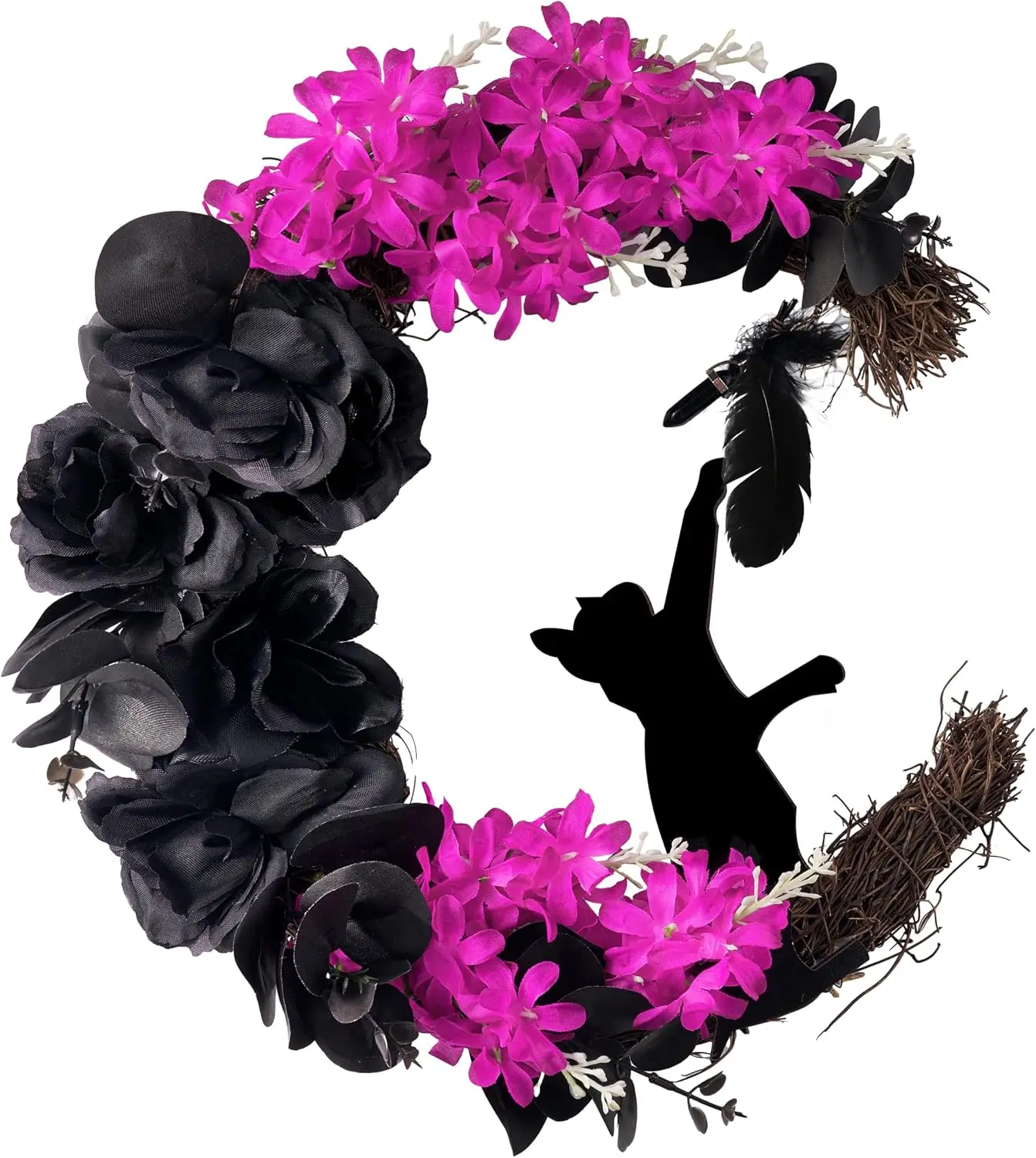 Wreath Black Moon Halloween Wreath with Black Cat Grapevine Decoration for Halloween Front Door Decorations Indoor Outdoor Home Party, Trick of Treat, Spooky Scene Party Favors Window Wall Decor