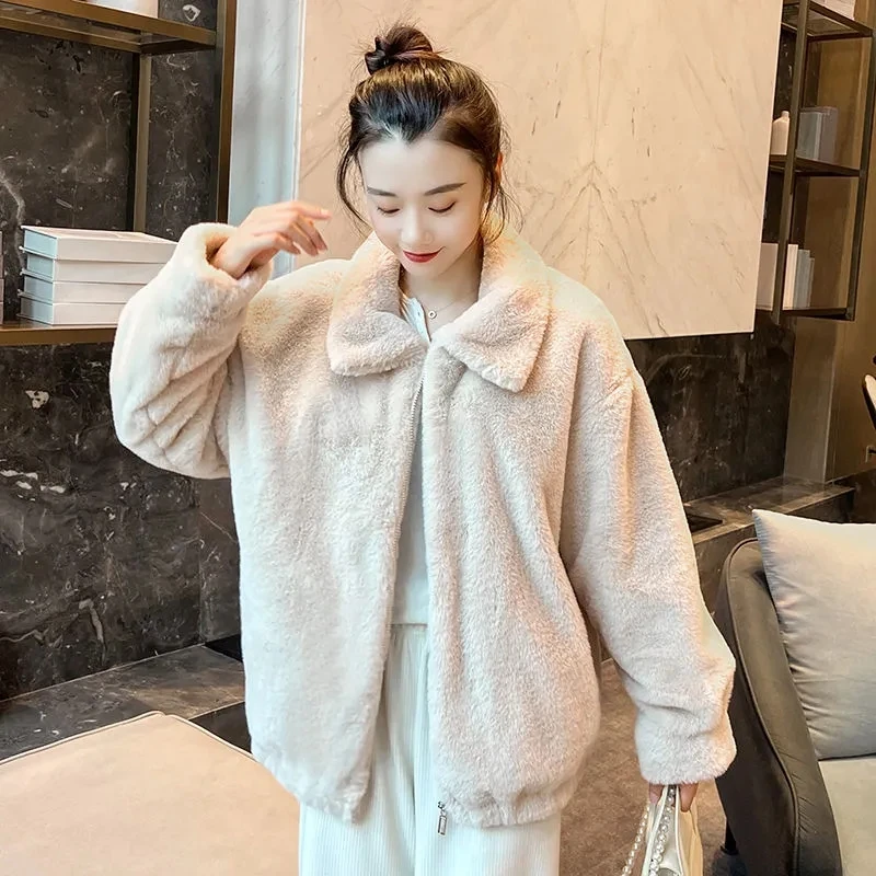 Autumn and winter new plush and thickened mid length style  Clothes  Overcoat Faux Fur Collar Fashion Ladies Coats Furry Female