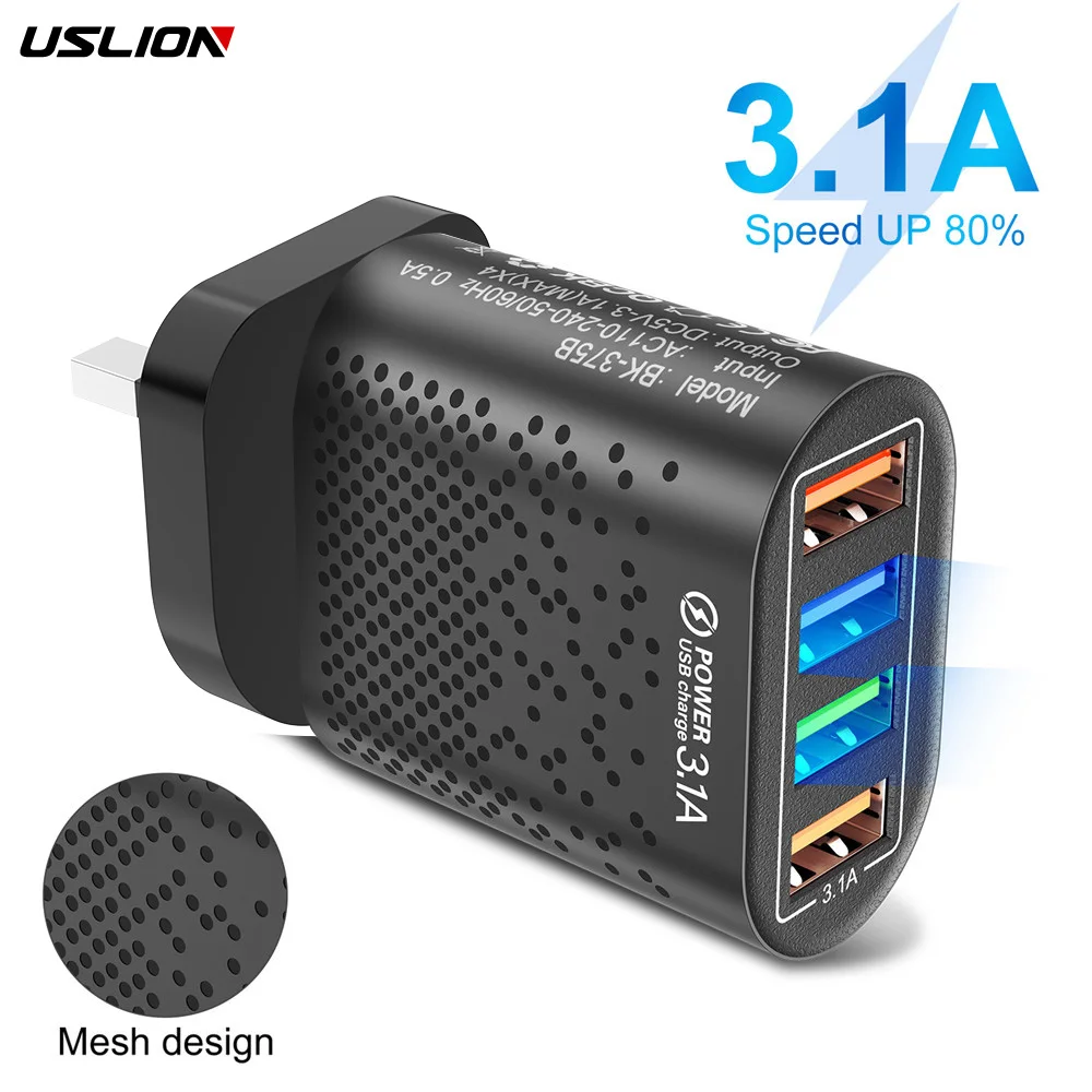 USLION 3.1A USB Charger EU US UK Adapter Fast Charger For iphone Samsung Huawei Xiaomi POCO Realme Wall Charger 4 Ports Quick