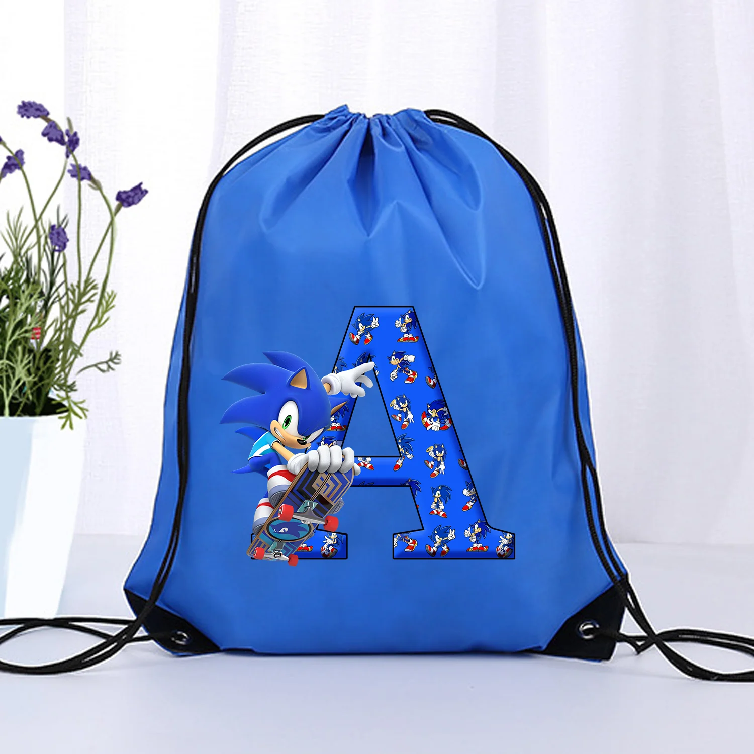 

Sonics Drawstring Bag A-Z Letter Storage Bags Blue Cartoon Drawstring Pouch Kawaii Anime Party Prop Gift New Large Capacity Bag