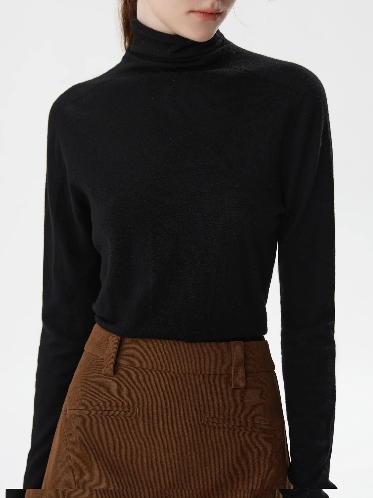FSLE 100% Wool Women Turtleneck Neck Pulover Sweaters Female Long Sleeve Thin Wool Sweater Tops Black Bottoming Top 24FS14563