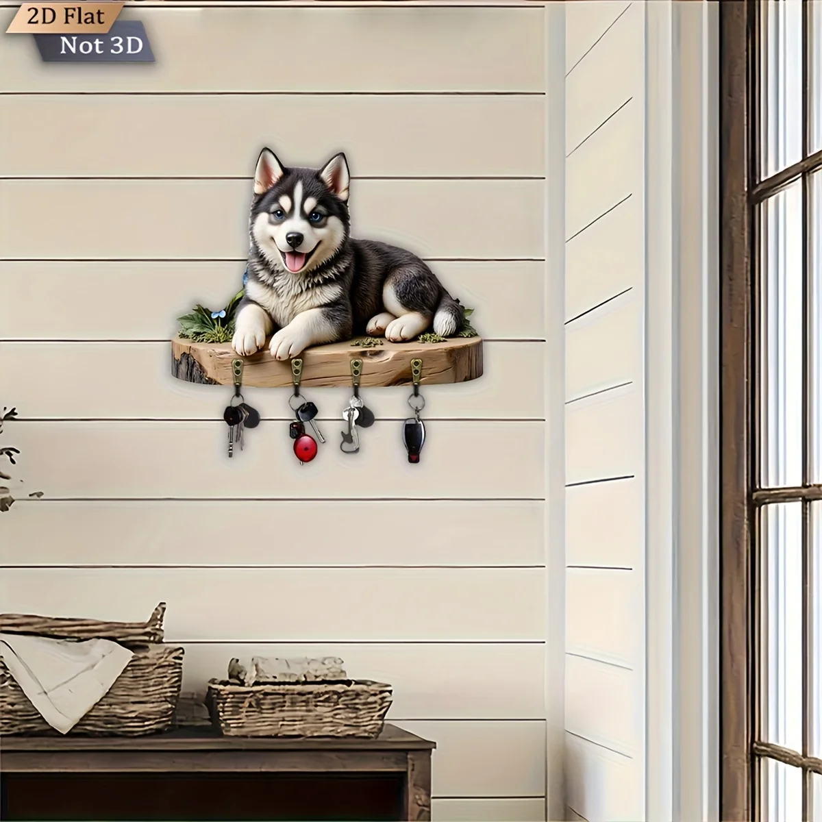 , 2D Flat, 1pc, Cute Husky and Floral Theme Key hook, Wooden Multi-functional Home Key Rack, with Four Metal Hooks, Wall Decor,
