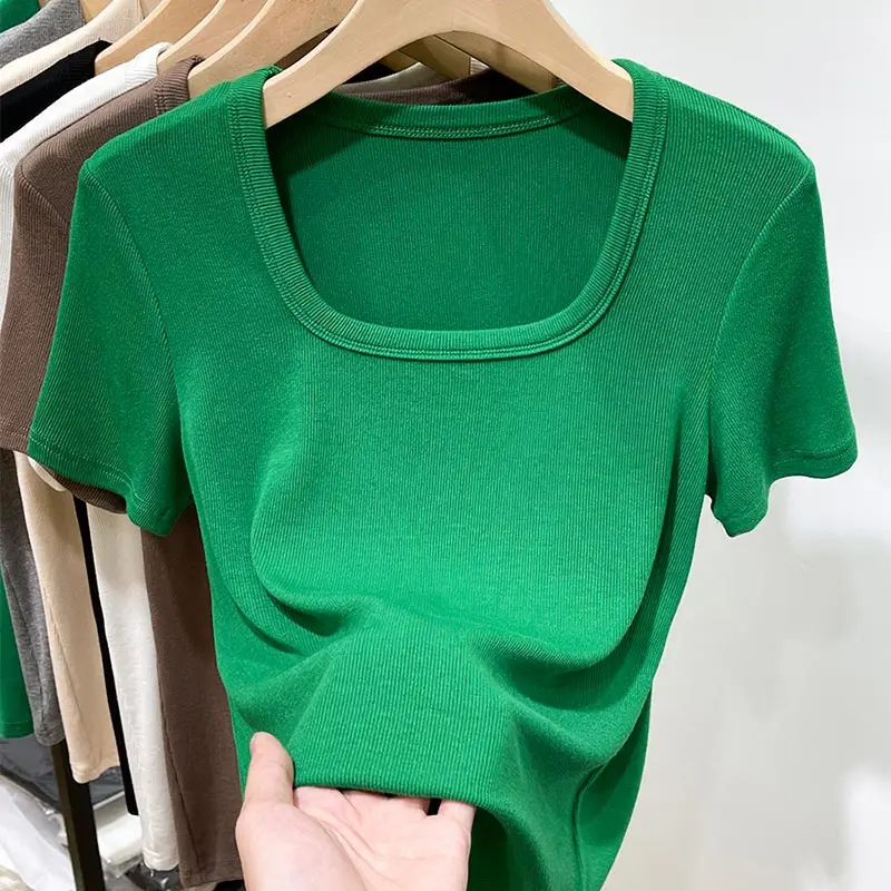 Slim Fit Square Collar Short Sleeve T-Shirt Women's Fashionable European Style Threaded Bandeau Top Thin Polyester Blend
