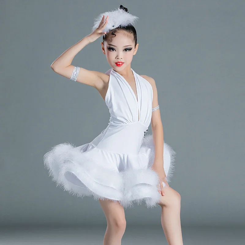 

Girls Professional Latin Dance Dress White Fur Latin Clothes Ballroom Competition Clothes Kids Chacha Salsa Party Dresses