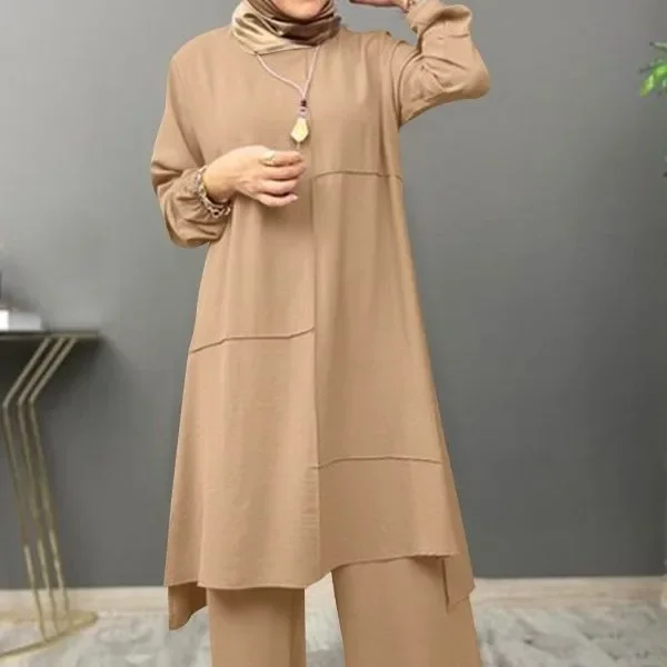 New  Casual Solid Women Matching Set Ladies Outfits 2ps Casual Long Sleeves Muslim Sets O-Neck Turkish Blouse Wide Leg Pant Suit