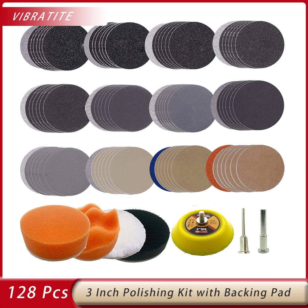 

3Inch Sandpaper Kit 128 Pcs Abrasive Wet Dry Sander Sheets with Shank Backer Plate and Soft Foam Buffering Pad Grinding Sponge