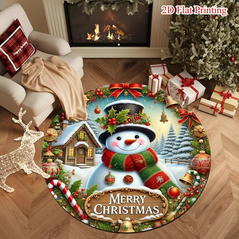 Snowman Red Bird Christmas Round Area Rug, Winter Berry Tree Printed Circular Floor Mat, Xmas Holiday Indoor Home Decor