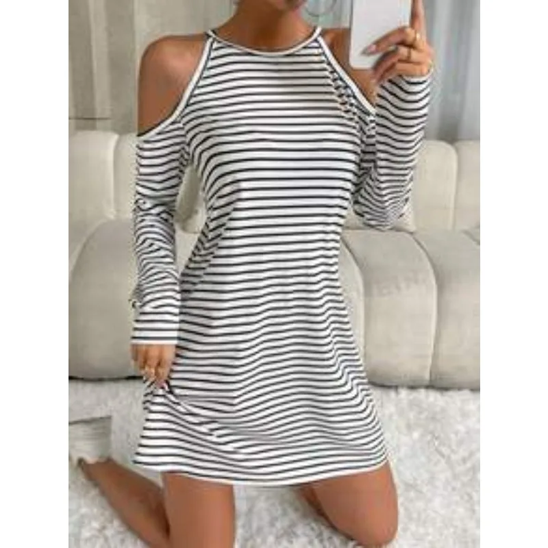 Fashion Women Loose Striped Mini Dress Long Sleeve Cold Shoulder Round Neck Casual Daily Beach T Shirt Dress