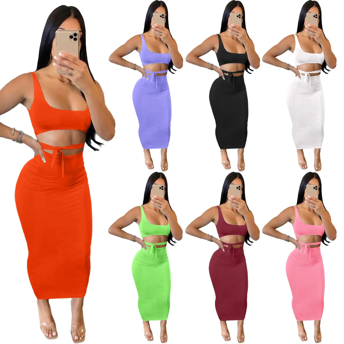 Abbigliamento da donna con lacci scavati a vita alta Nuova primavera estate Reggicalze in tinta unita che mostra la pancia Set gonna multicolore