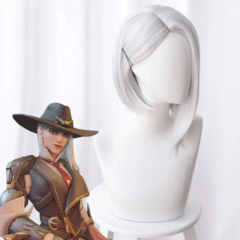 

NewOverwatch Ash Ashe Серебристо-белые нерегулярные короткие прямые термостойкие синтетические волосы OW Косплей Костюм Парик для вечеринки; 3 s, 6.e;