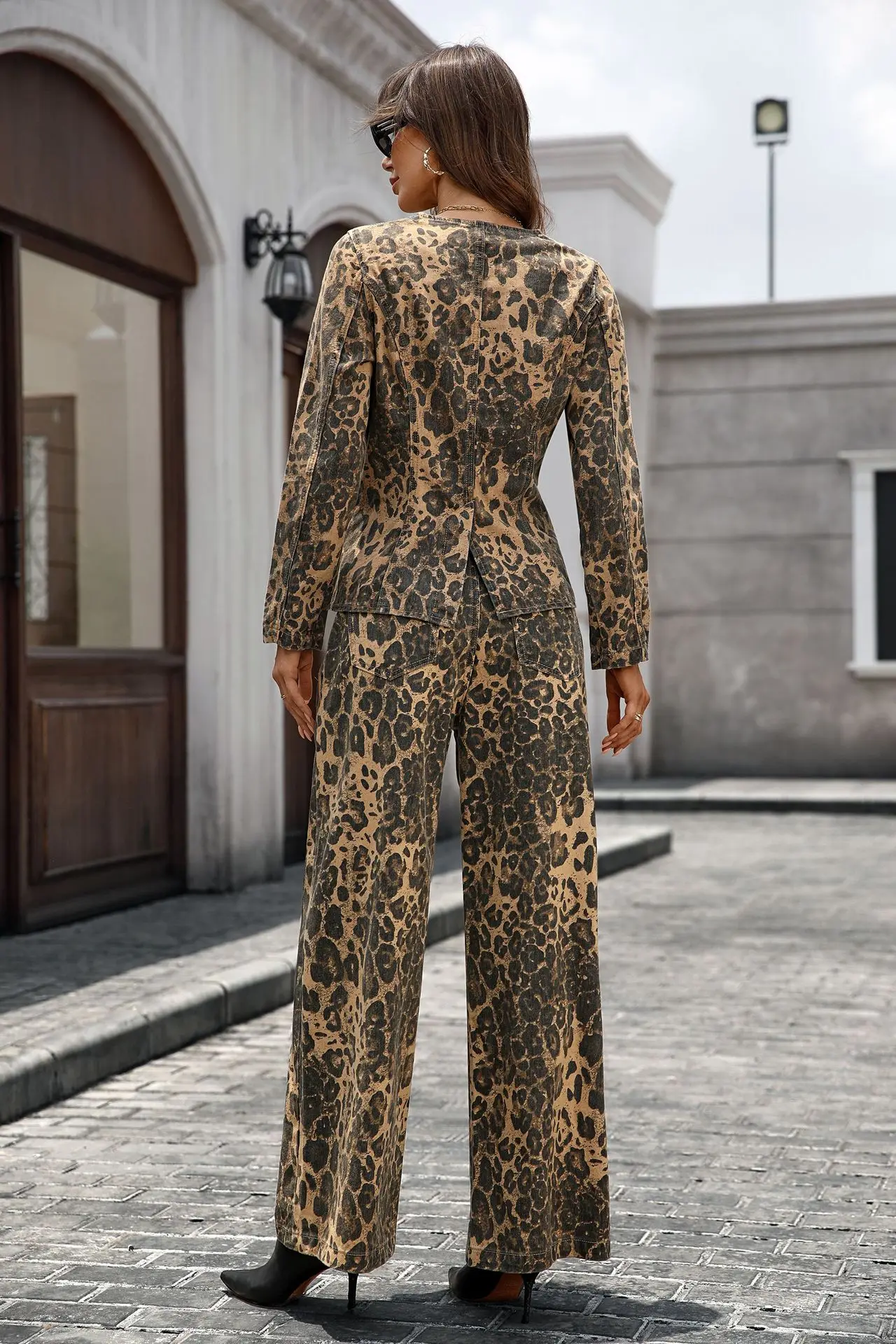 Frauen Leopard Denim Sets 2 stücke Lange Ärmeln Denim Mantel + Tasten Breite Bein Jeans 2025 Neue Herbst Elegante Büro dame Hose Anzüge