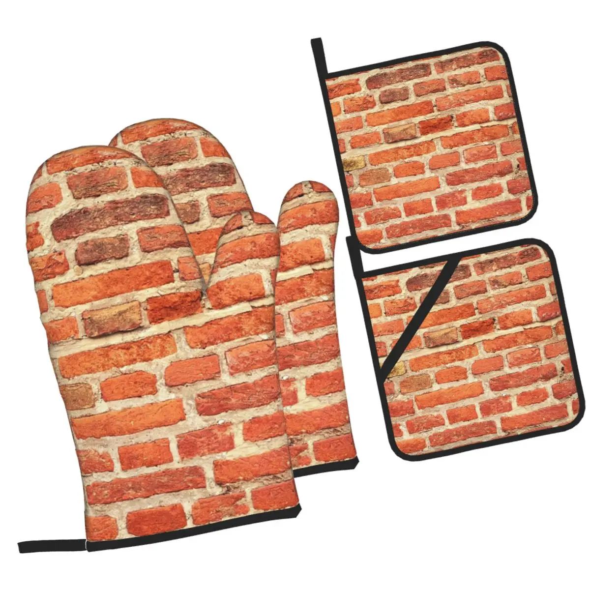 The Red Brick Wall Oven Mitts and Pot Holder Sets of 4 for Baking Kitchen Cooking Grilling Resistant Non-Slip Gloves