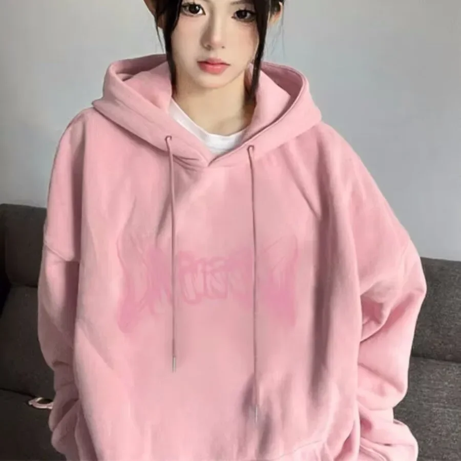 Pink Fleece Lined Hoodie Women Autumn Winter 2023 New Korean Fashion Lazy Casual Sweetwear All-Match Loose Hooded Sweatshirt Top