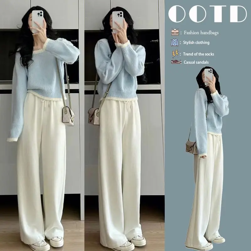 Autumn and Winter Korean Women's Set Small Fragrant Blue Knitted Sweater+Wide Leg Pants Two Piece Set