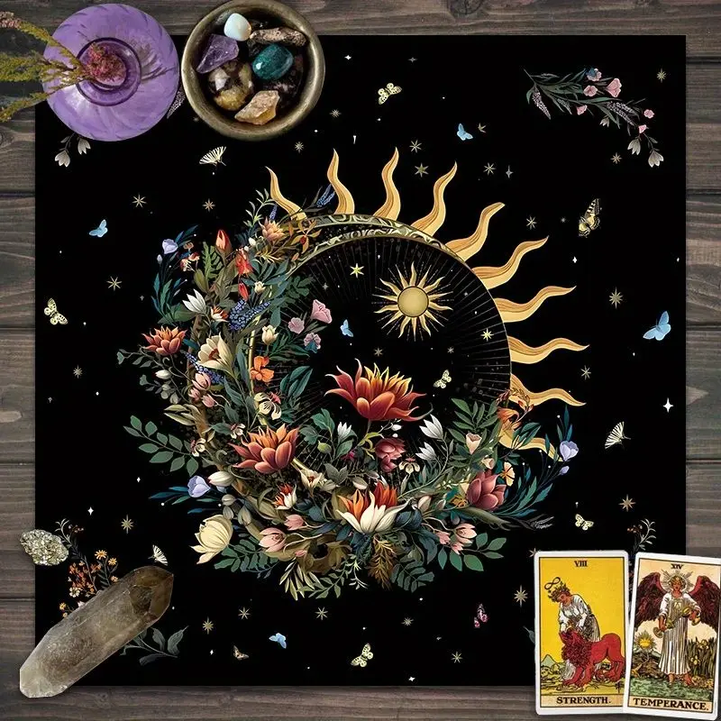 VIKAMA Sun Moon Wreath Flowers Tarot Tablecloth, Altar Divination Mat for Spiritual Desktop