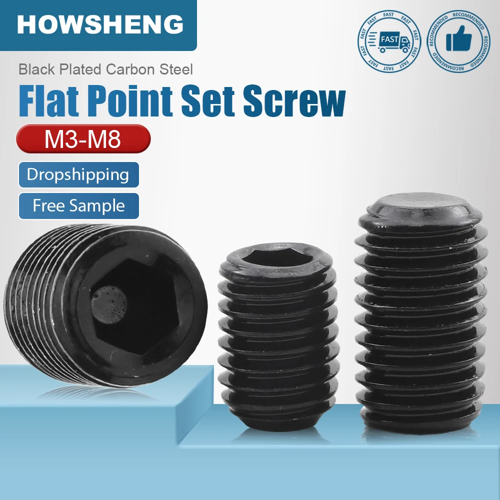 2-50pcs Hex Socket Flat Point Set Screw M2 M2.5 M3 M4 M5 M6 M8 M10 Black Carbon Steel Allen Head Socket Grub Screws Bolt