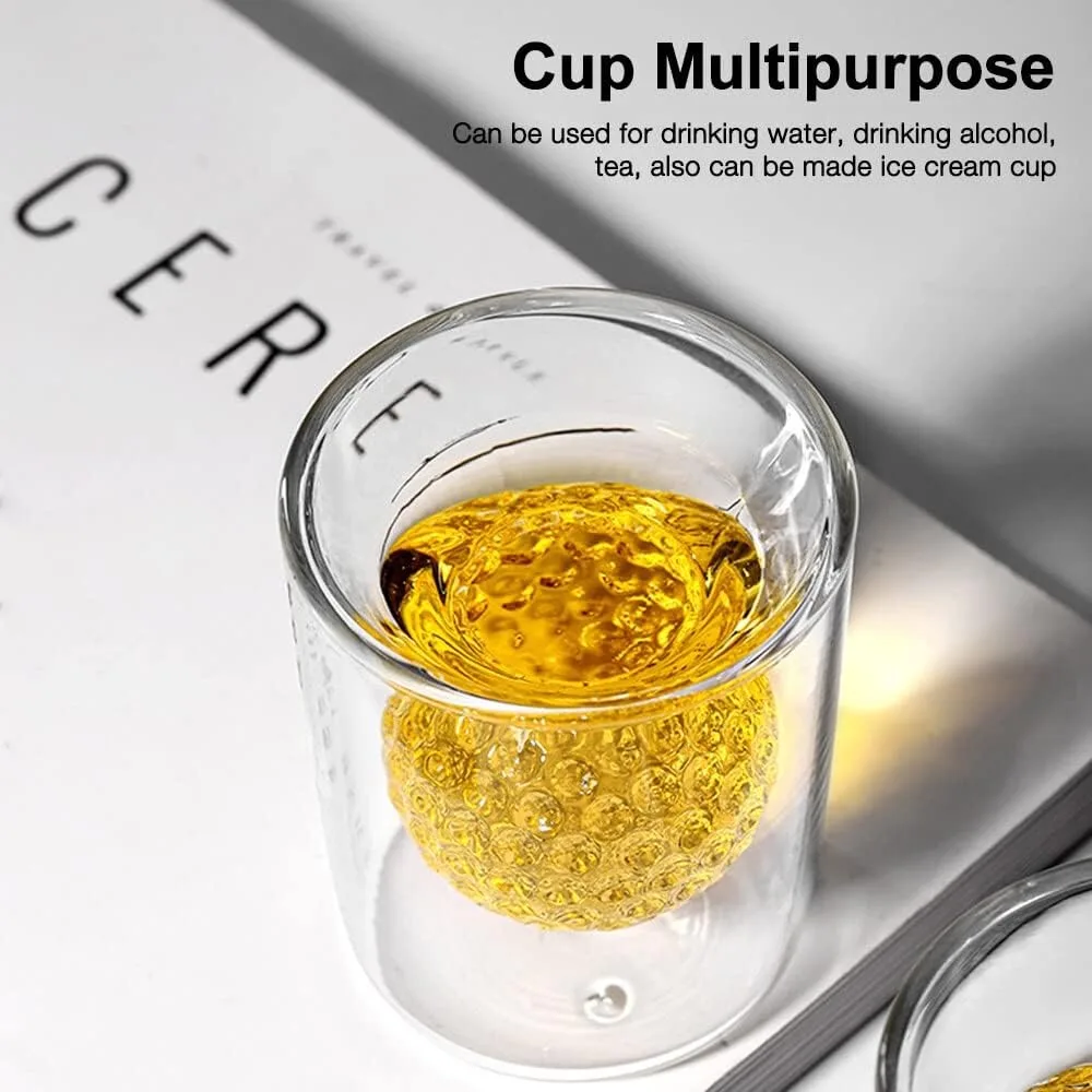 50ML 3D Mini Whiskey Glasses Double Walled Golf Ball Shape Design Glass Cup Funny Cocktail Vodka Gift for Men Golf Ball Lovers