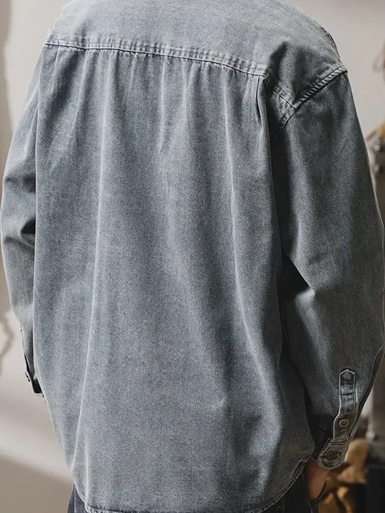 [اختياري مختلف] قميص دينيم بأكمام طويلة للرجال، قميص أمريكي وسيم، سترة سميكة غير رسمية فضفاضة للرجال مغسولة