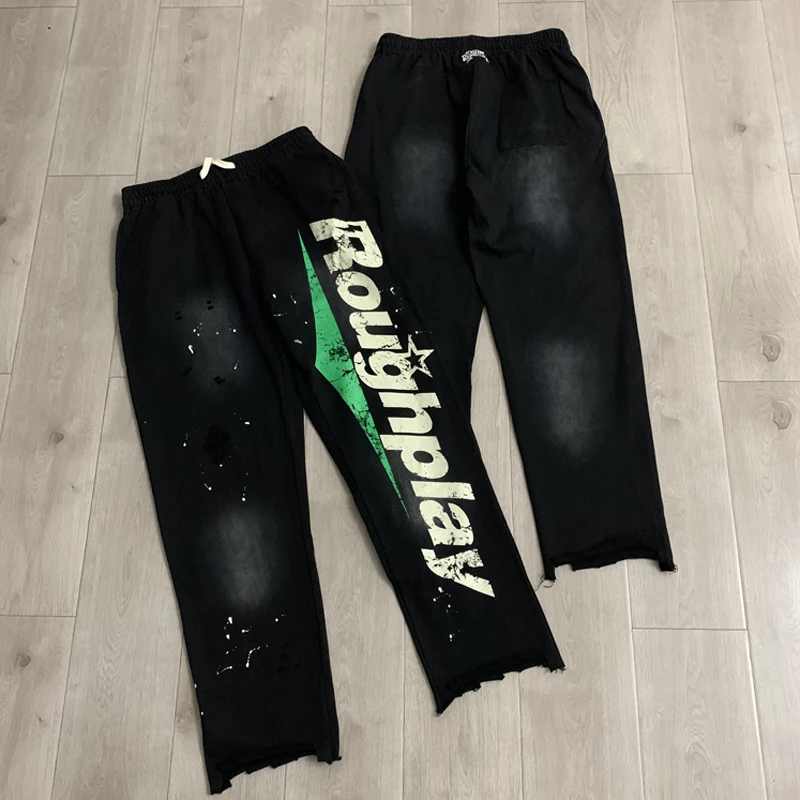 Man Street Trendy Splatter White Dot Raw Hem Sweatpants Multi-color Vintage Letter Print Elastic Waist Rough Play Casual Pants