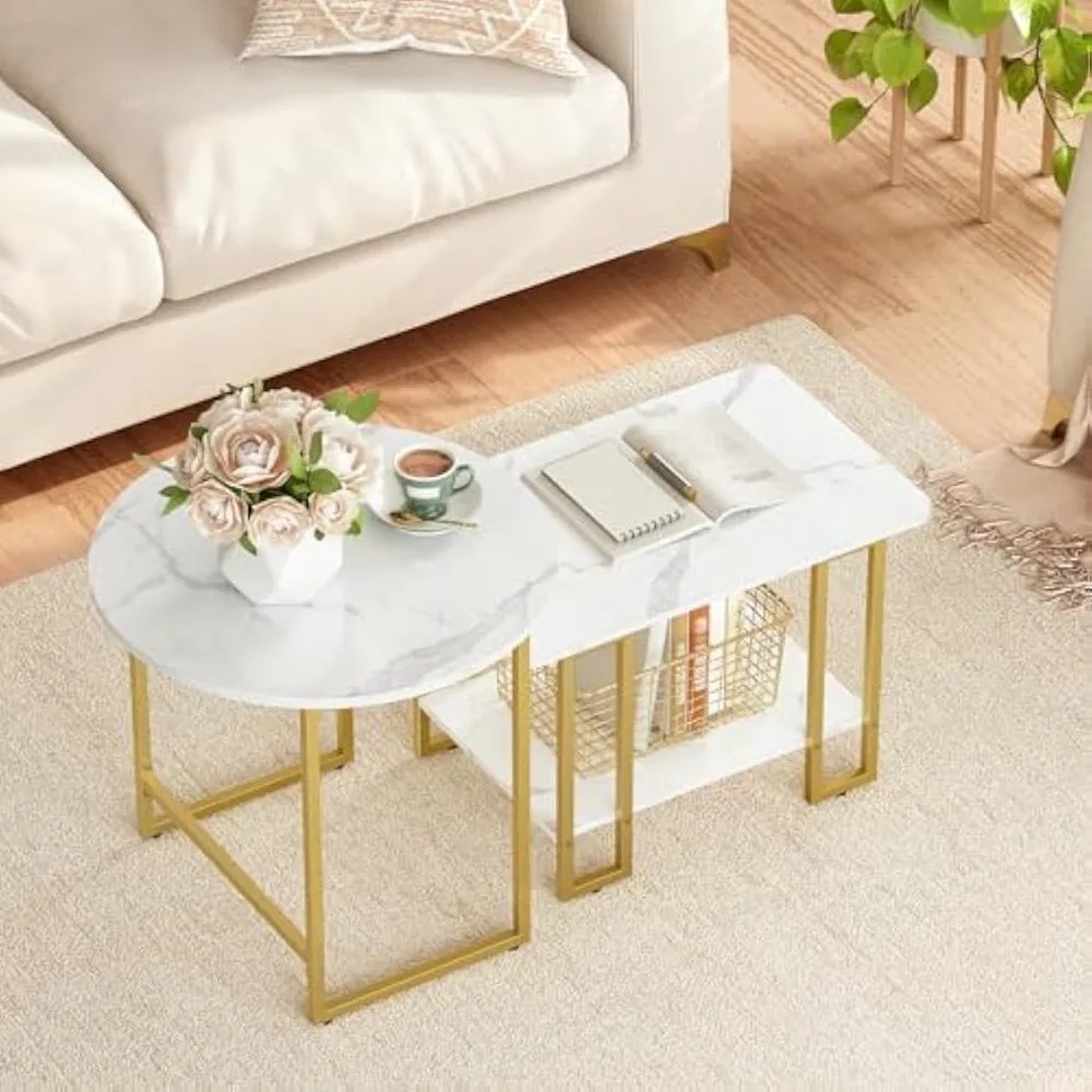 

Small Coffee Table Set, Nesting Coffee End Tables Modern Faux Marble Coffee Side Tables