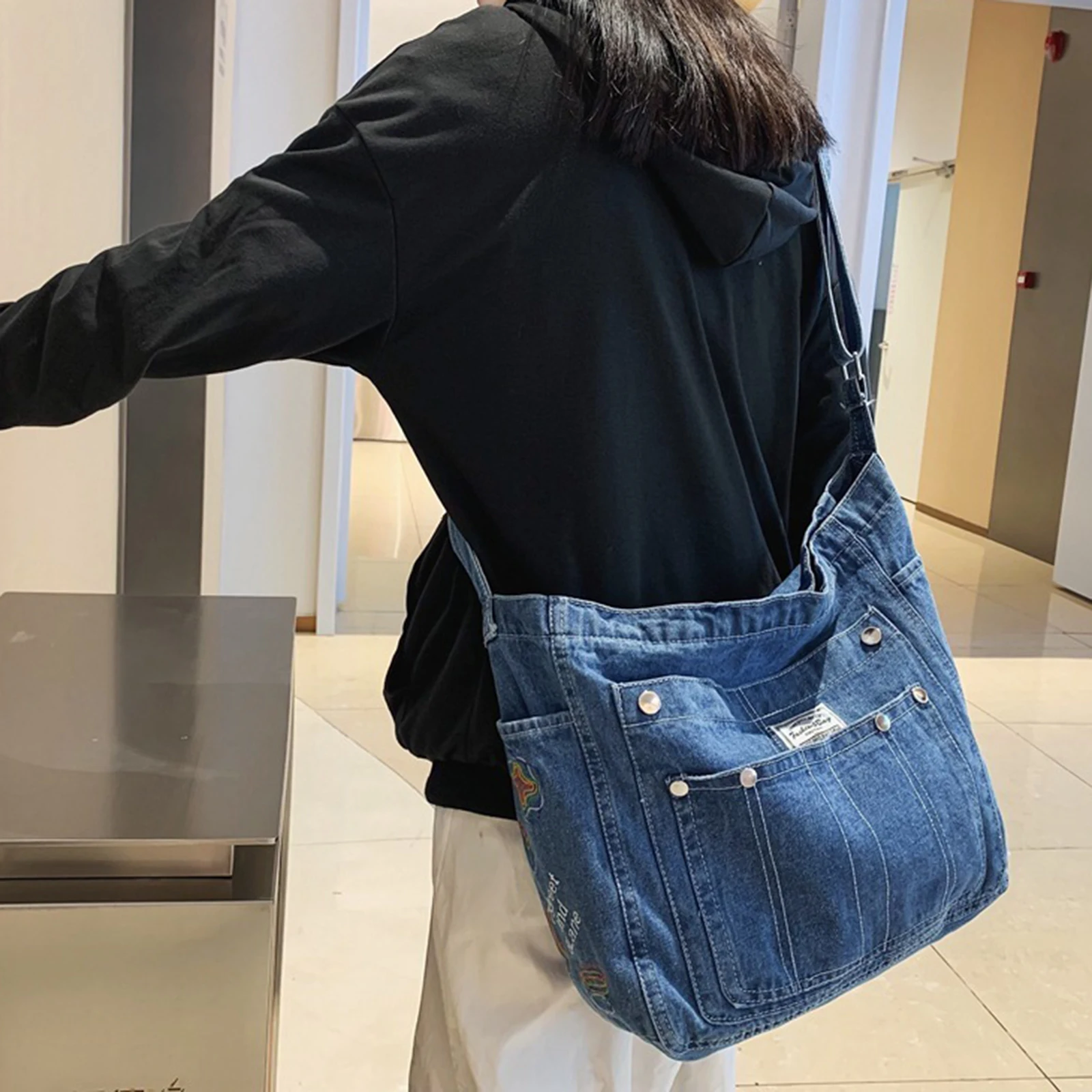 Denim Shoulder Bag Casual Summer Shoulder Bag Tote Bag for Travel Work Women,Lightweight Womens Denim Large Capacity Tote Bag