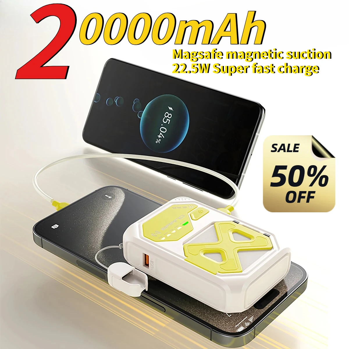 

Магнитный беспроводной внешний аккумулятор емкостью 20000 мАч, быстрая зарядка с кабельным кронштейном, портативный мобильный блок питания, подходит для IPhone Samsung