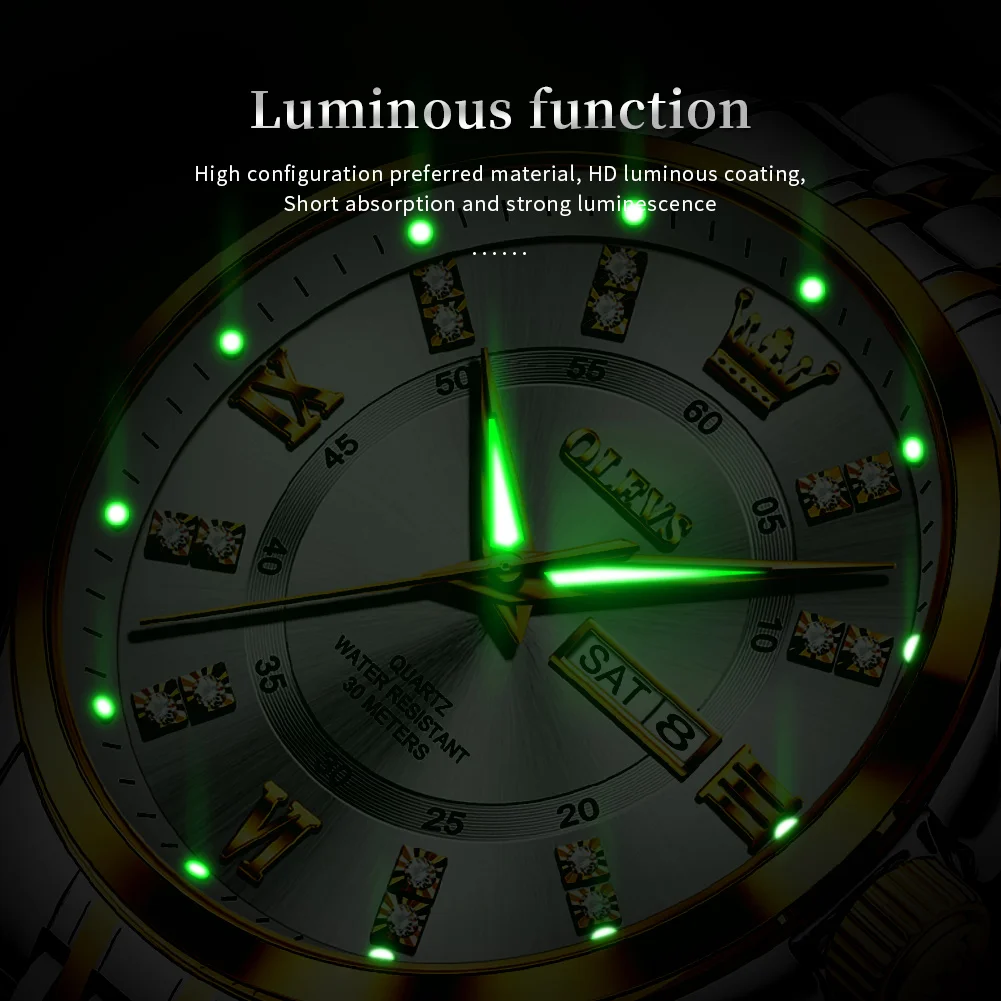 OLEVS Orologi da uomo di moda Trend Orologio al quarzo originale per uomo Orologio da polso impermeabile in acciaio inossidabile Data settimana Luminoso 3620