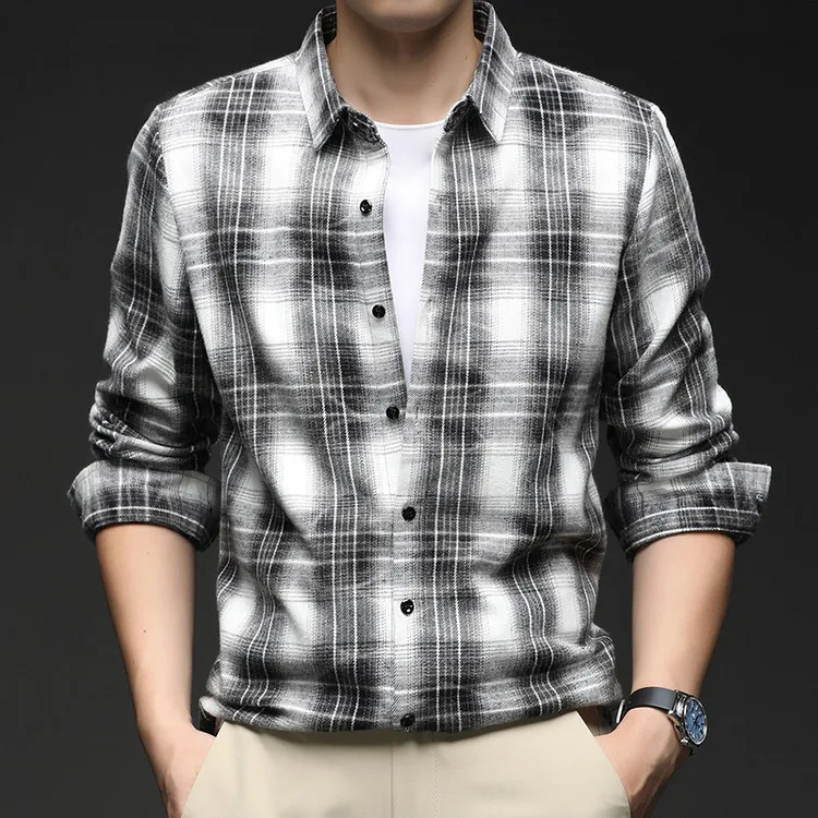 

Men Shirt Cotton 70.8% regenerated cellulose fiber 29.2% 2025 Autumn Spring Men's hair-furted shirt simple retro plaid shirt