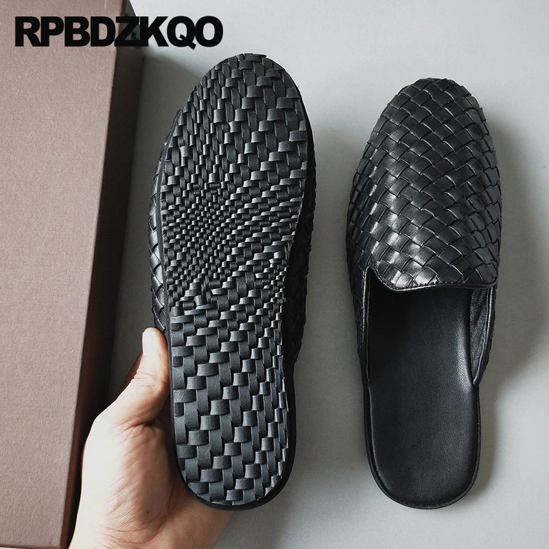 Designer Shoes Men High Quality Big Size Black Woven Slides Closed Toe Large Slippers Summer Genuine Leather 45 Italian Sandals