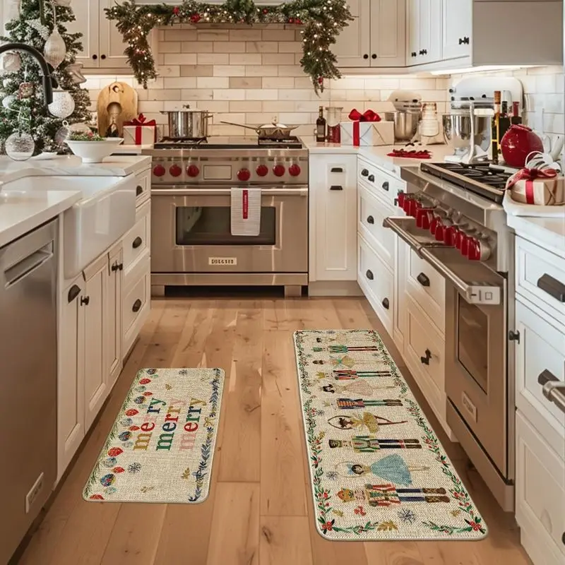 VIKAMA Merry Christmas Kitchen Rug Set Nutcracker Holly Berry Print Anti Slip Floor Mat For Kitchen Area Xmas Home Decor