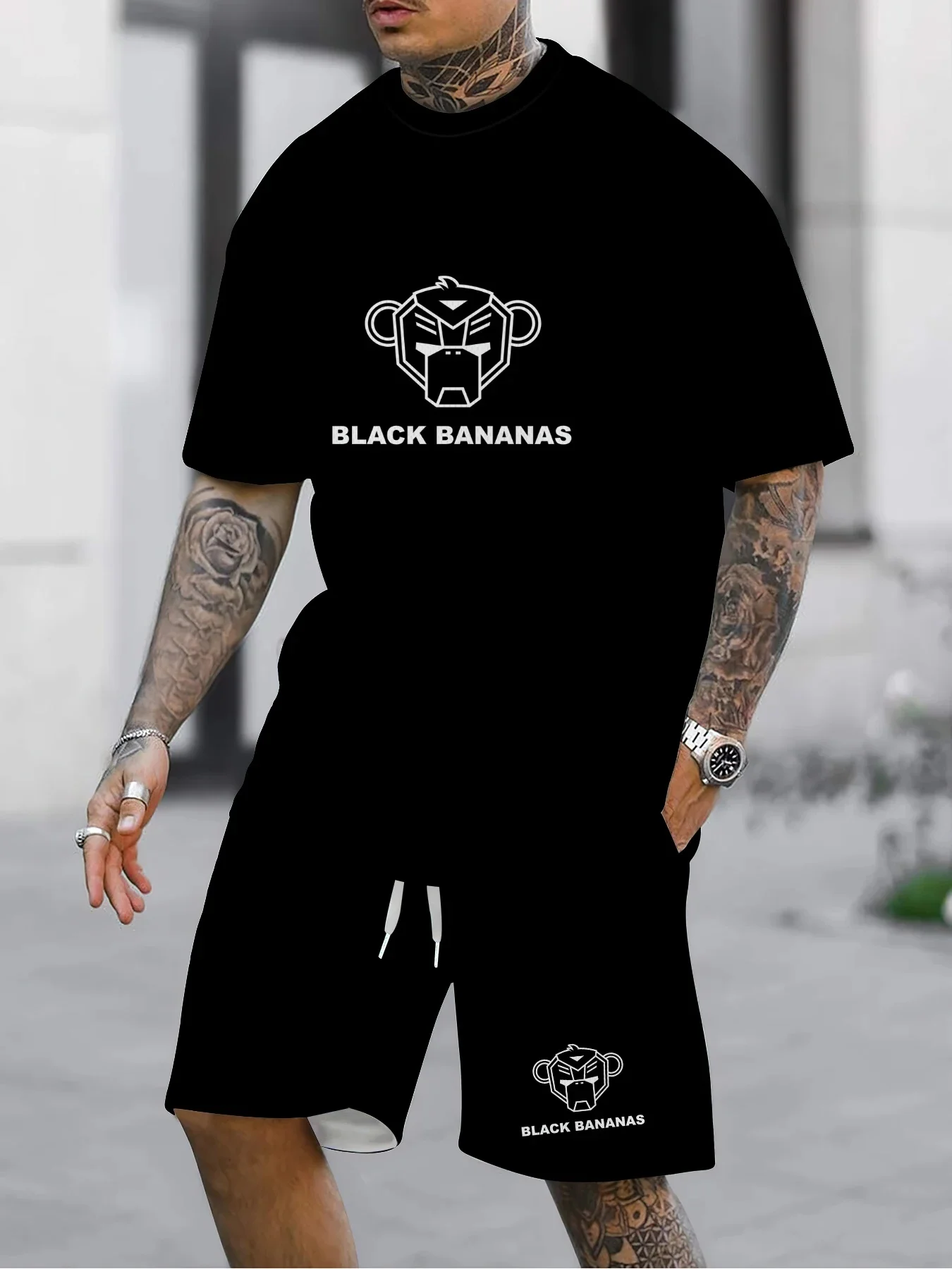 

2-piece Set Two-piece Set Streetwear Men Clothing Summer BLACK BANANAS Men's Sports Set Letter Printed T-shirt Shorts Round Neck