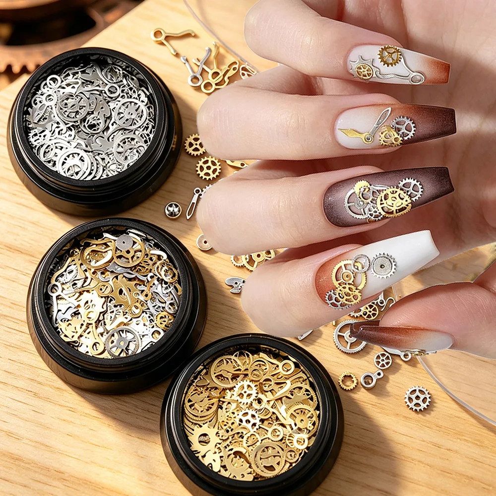 1Box 3D Steampunk Metal Gear Nail Charms Gold Silver Clock Watch Wheel Nails Studs Vintage Mechanical Parts Manicure Accessories