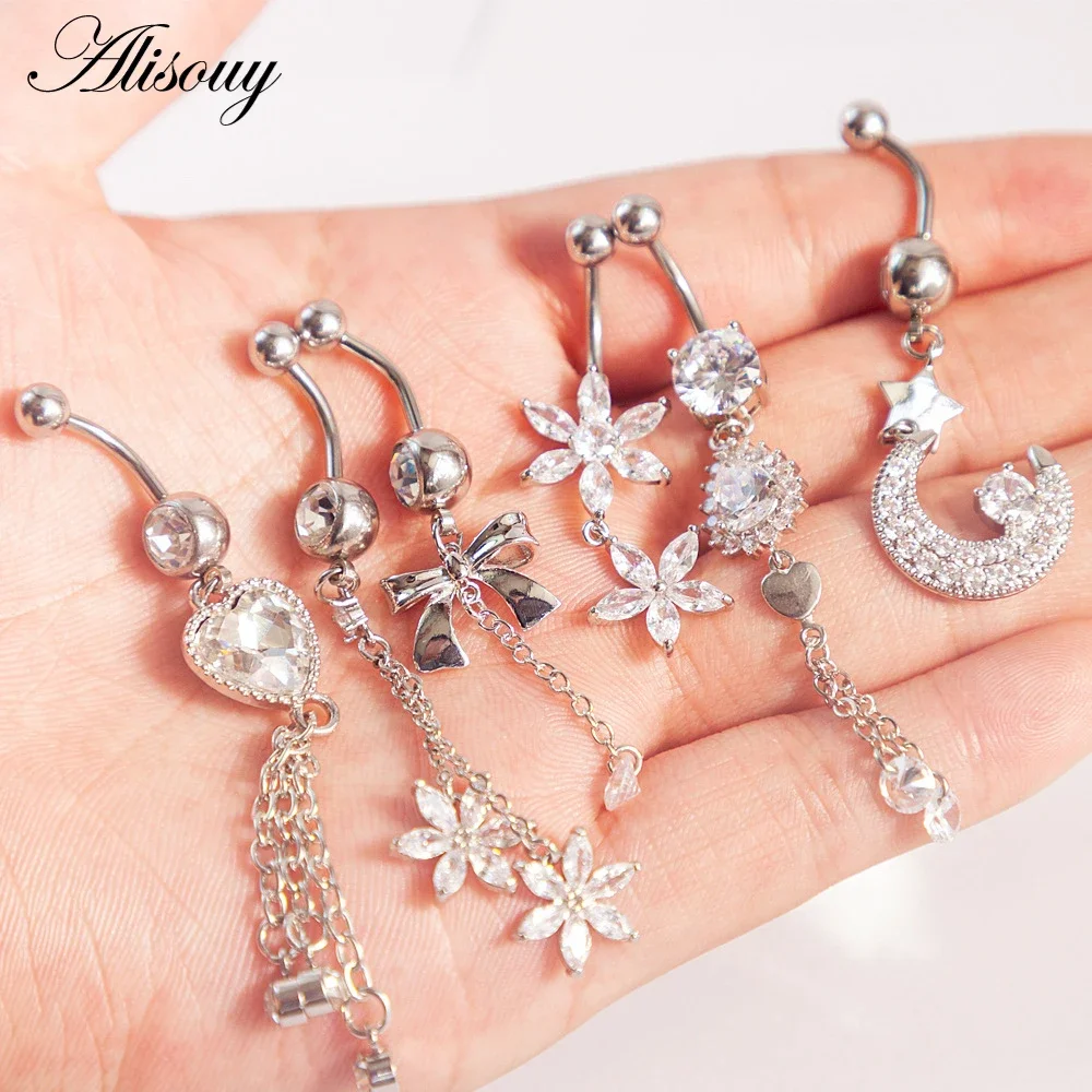 1 pieza CZ 14G anillos para ombligo cuelgan flor estrella ombligo anillo de acero quirúrgico Piercing para ombligo joyería Oreja cuerpo anillo para ombligo