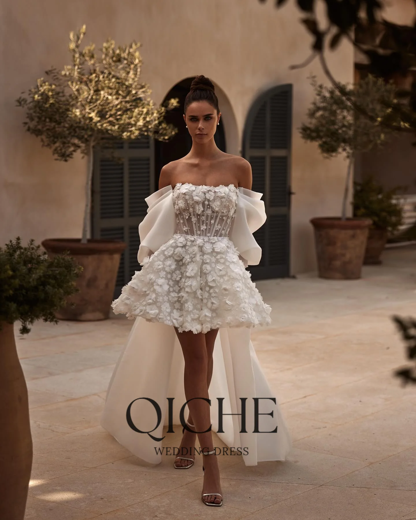 QICHE Mini 3D Flowers With Pearls Wedding Dress Detachable Puffy Sleeve And Train vestidos de novia A-line After Party image 5