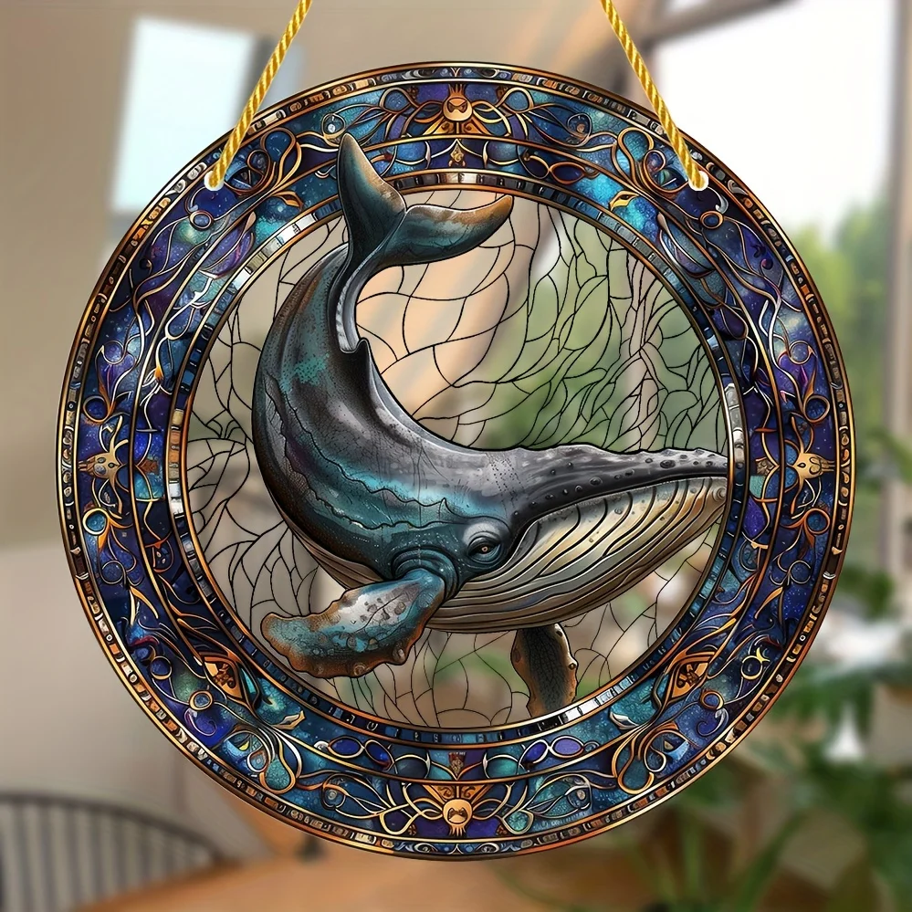 Ocean Whale Suncatcher Window Hanging, Round Acrylic Sign,All-Season,Porch,Wreath Accessory,Home,Garden Office Decoration