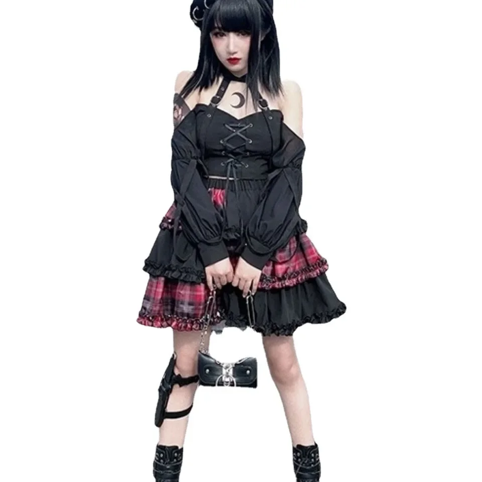 Gonna Harajuku Sottoveste scura bidimensionale Cosplay Cuciture scozzesi rosse Vita alta A-line Punk Spice Girl Gonna rock